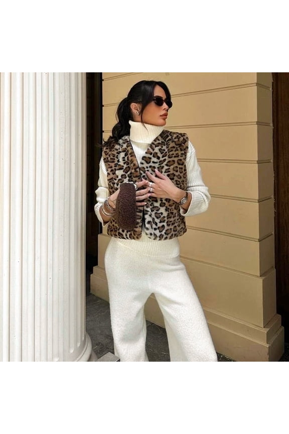 Leopard Print V-neck Loose Vest Jacket (M, MultiBrown)