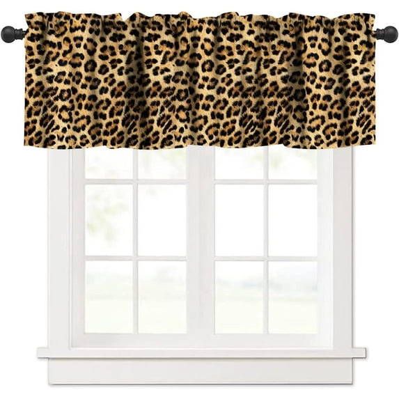 Leopard Print Valance Curtain Wild Safari Skin Pattern Cheetah Cat Black Brown Fur Wildlife Rod Pocket Valance Window Treatments 1 Panel Short Curtains for Kitchen Farmhouse 54 x 18 in