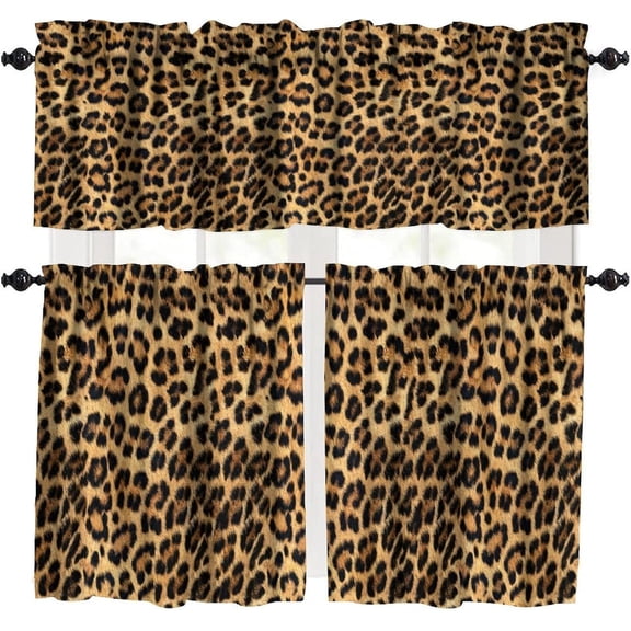 Leopard Print Valance Curtain Wild Safari Skin Pattern Cheetah Fur Wildlife Rod Pocket Valance Window Treatments Short Curtains for Kitchen Farmhouse Living Room 54x18 Inch + 27x24 Inch X 2