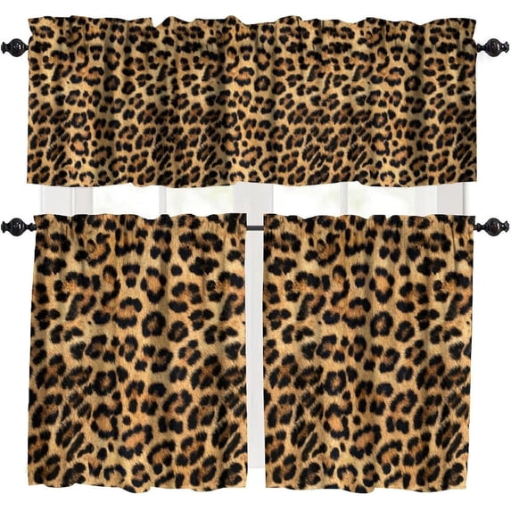 Leopard Print Valance Curtain Wild Safari Skin Pattern Cheetah Fur Wildlife Rod Pocket Valance Window Treatments Short Curtains for Kitchen Farmhouse Living Room 54x18 Inch + 27x36 Inch X 2