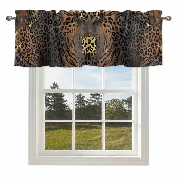 Leopard Print Valances for Windows, 42x12in, Ethnic Style Gold Black Gradient Fur Texture Rod Pocket Kitchen Valance Curtain Light Filtering Window Treatments for Living Room Bedroom