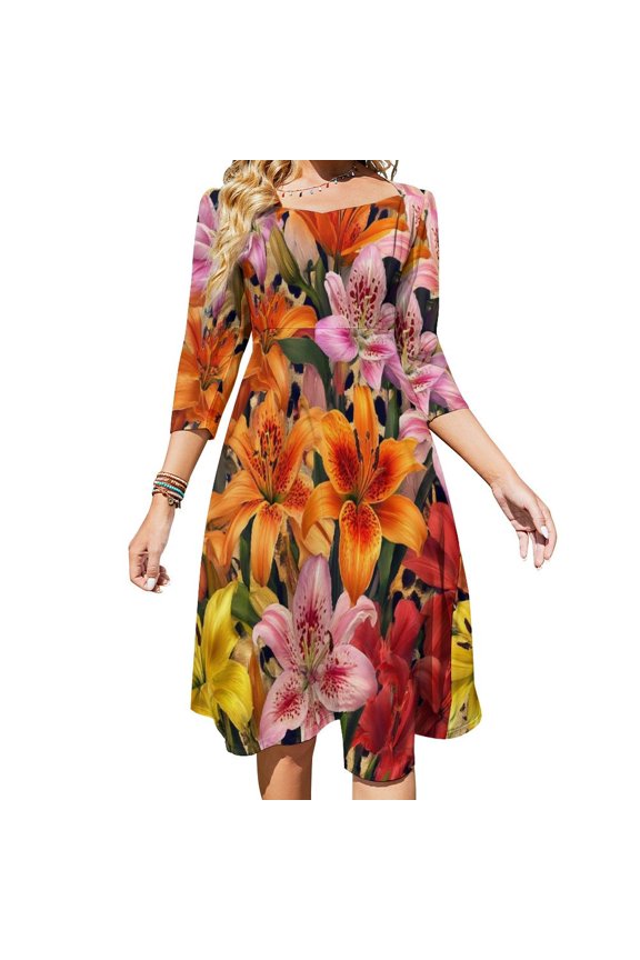 Leopard Print Vibrant Lilies Bouquet Women's 3/4 Sleeve Dresses Elegant A-Line Midi Dress Flare Summer Casual Sundress