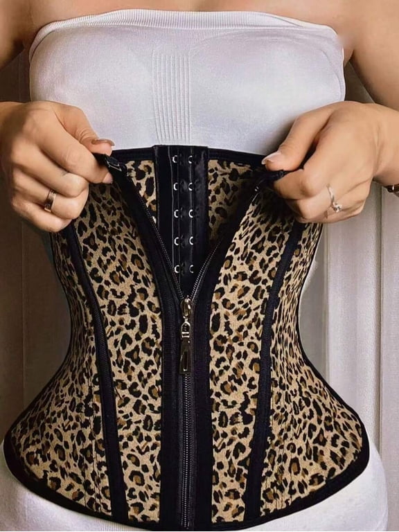 Leopard Print Waist Cincher Corset With Front Zipper And Eyelet Lacing, Multicolor
