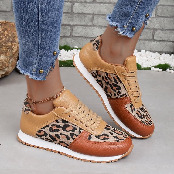 Women's Leopard Print Sneakers, Lace-Up Fashion Casual Retro Running Trainers for All-Day Wear