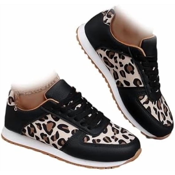 Women's Leopard Print Sneakers, Lace-Up Fashion Casual Retro Running Trainers for All-Day Wear
