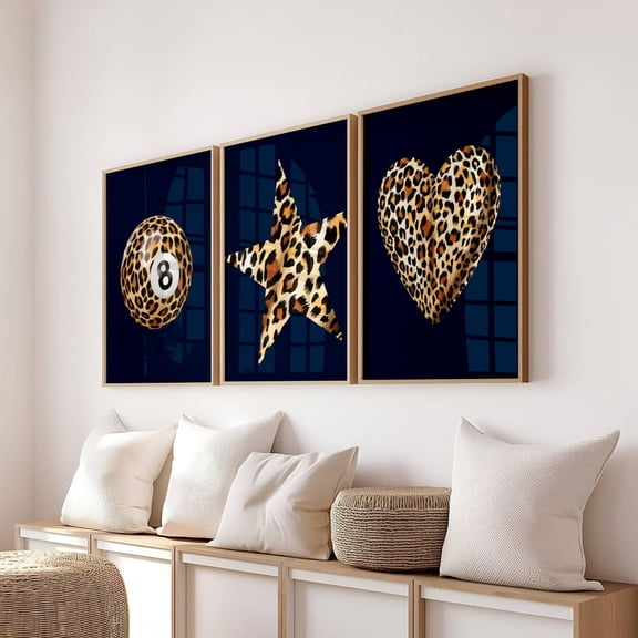 Leopard Print Wall Art Navy Blue Heart Star 8 Ball Bold Glam Dorm Decor Set 3 Unframed Paper Print 8x12
