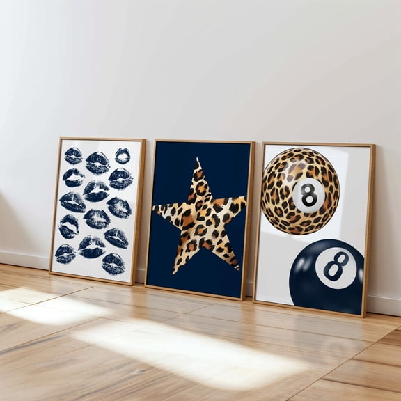 Leopard Print Wall Art Navy Lip Kiss Cheetah 8 Ball Bold Aesthetic Decor Set 3 Unframed Paper Print 20x30