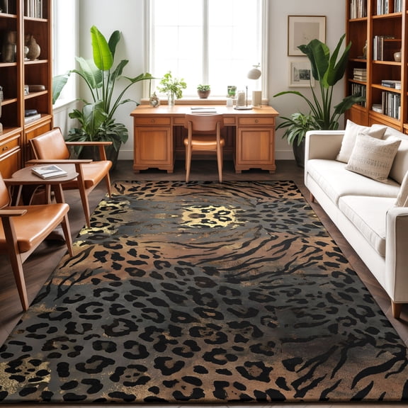 Leopard Print Washable Area Rug 6 x 9 ft Ethnic Style Gold Black Gradient Fur Texture, Soft Non Slip Rugs Stain Repellent Indoor Felt Carpet for Living Dining Room Bedroom Home Office