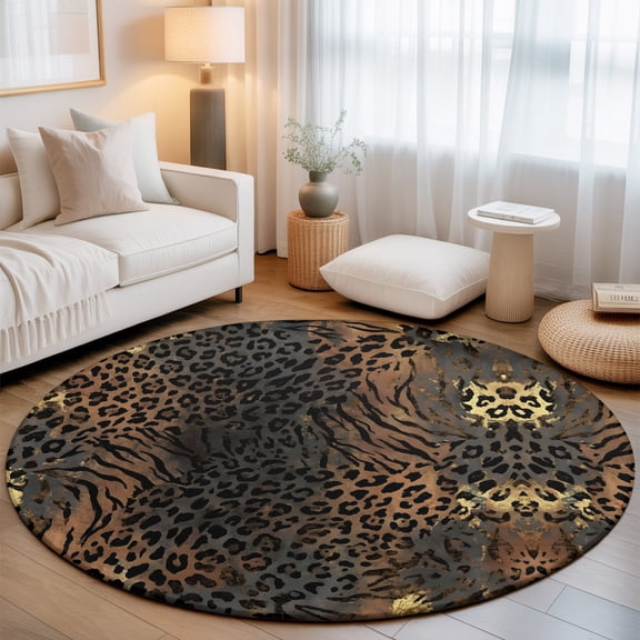 Leopard Print Washable Round Area Rug 7 ft, Ethnic Style Gold Black Gradient Fur Texture, Soft Non Slip Rugs Stain Repellent Indoor Felt Carpet for Living Dining Room Bedroom Home Office