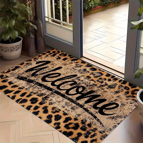 Leopard Print Welcome Floor Mat Rustic Animal Print Entry Rug