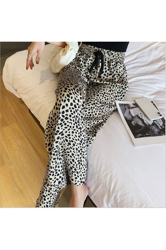 Leopard Print Wide-Leg Trousers Women Casual Ankle Length Drawstring Pants Loose