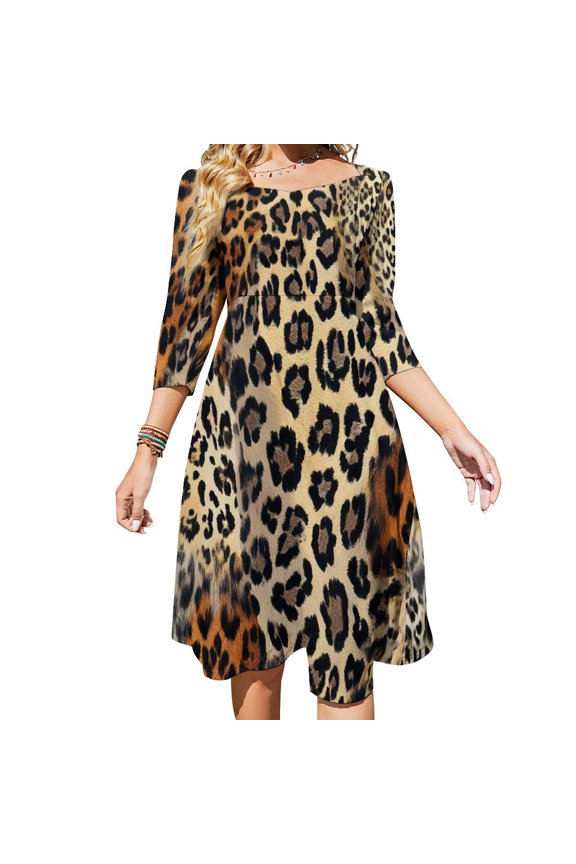 Leopard Print Wild Cat Texture Women's 3/4 Sleeve Dresses Elegant A-Line Midi Dress Flare Summer Casual Sundress