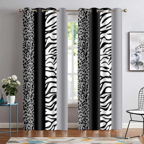 Leopard Print Window Curtains, Grey Black Wild Animal Skin Print Blackout Curtains, Striped Patchwork Room Darking Window Treatment Drapes for Bedroom Living Room 2 Panels 42 x 84 Inch