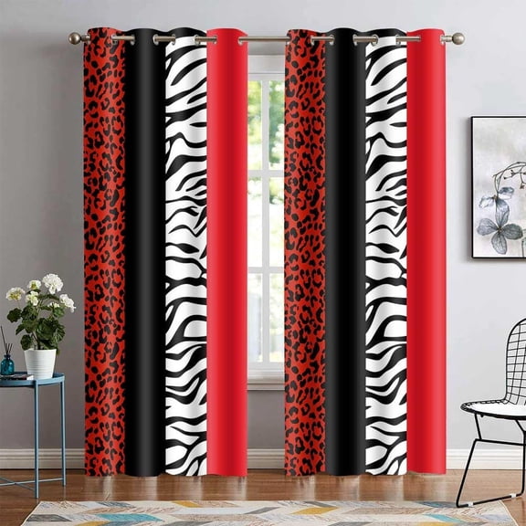 Leopard Print Window Curtains, Red Black Wild Animal Skin Print Blackout Curtains, Striped Patchwork Room Darking Window Treatment Drapes for Bedroom Living Room 2 Panels 42 x 84 Inch