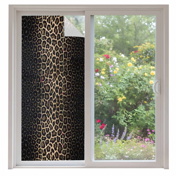 Leopard Print Window Privacy Film, Chic Abstract Black Brown Animals Texture Static Cling UV Sun Blocking Heat Control Window Tint, Non-Adhesive One Way Windows Privacy Cover 35.4''x78.7''