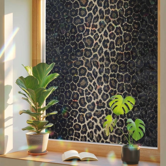 Leopard Print Window Privacy Film Rainbow Static Cling Stain Glass Window Film for Glass Door, Decorative Sunroof Decal Sticker for Car Bathroom 19.6"x39.3" Chic Abstract Black Brown Animals Texture