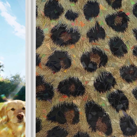 Leopard Print Window Privacy Film Stain Glass,Reusable Decorative Rainbow Window Film,Brown Yellow Retro Animal Fur Pattern Static Cling Sun Blocking Stickers Decals Covers 29.5" x 78.7" (2pcs)