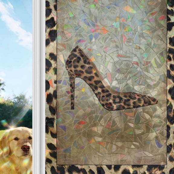 Leopard Print Window Privacy Film Stain Glass,Reusable Decorative Rainbow Window Film,Vintage Rustic High Heels Animal Texture Static Cling Sun Blocking Stickers Decals Covers 19.6" x 39.3" (2pcs)