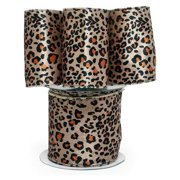 Leopard Print Wired Ribbon (Gold on the Back Side) - 4 Inches Wide X 10 Yards (566374001) - Leopard Gift Wrap, Animal Print Ribbons