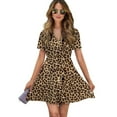 thumbnail image 1 of Leopard Print Women Dress V-Neck Short Sleeve Flowy Swing Party Midi Dress, 1 of 4