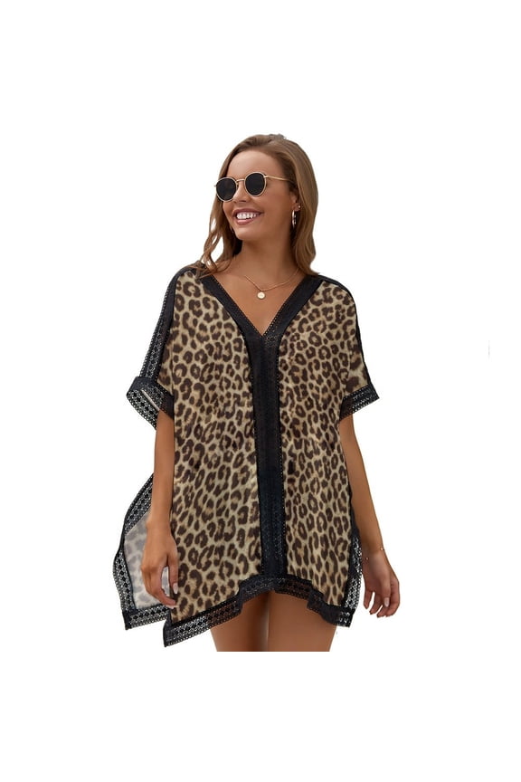 Leopard Print Women's Swimsuit Coverup Summer Beach Cover Up Bathing Suit Dress