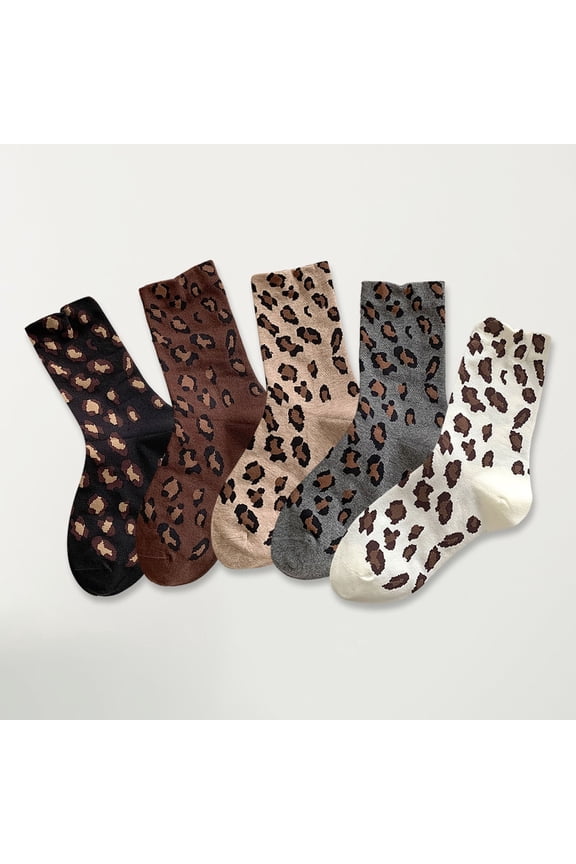 Leopard Print Women's Trendy Spotted Mid Calf Socks Thiced Bone Free Cotton Socks Fashionable Versatile Pile Socks Grey One Size