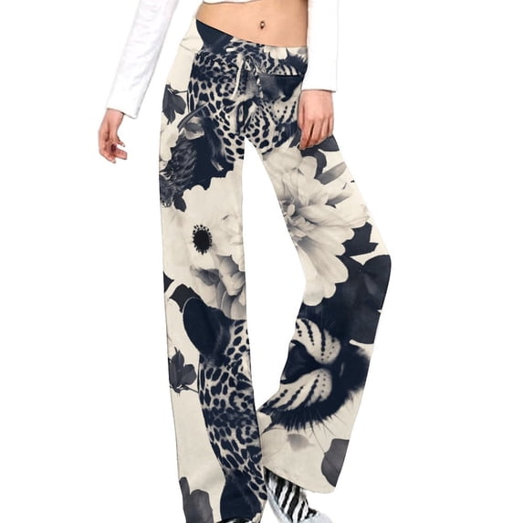 Leopard Print Women's Wide Leg Pants High Waist Adjustable Knot Loose Casual Trousers Business Work Casual Pants