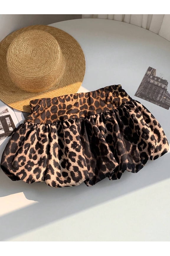 Leopard Print Womens Mini Skirt With Bubble Hem And Elastic Waist Multicolor-2