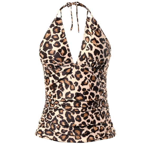 Leopard Print Womens Tankini Tops Halter V Neck Bathing Suit Plus Size Full Coverage Swimsuits No Bottoms Khaki XS