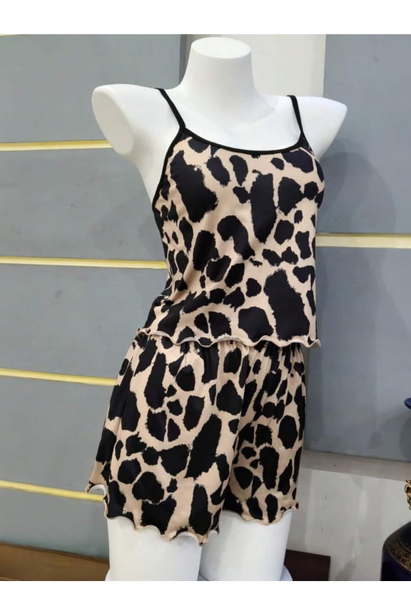 Leopard Print Womens Two-Piece Pajama Set With Ruffled Hem, Sleepwear Shorts And Cami Top