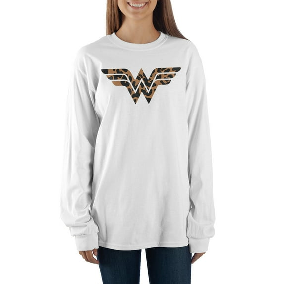 Leopard Print Wonder Woman Logo Unisex White Long Sleeve Shirt-X-Large
