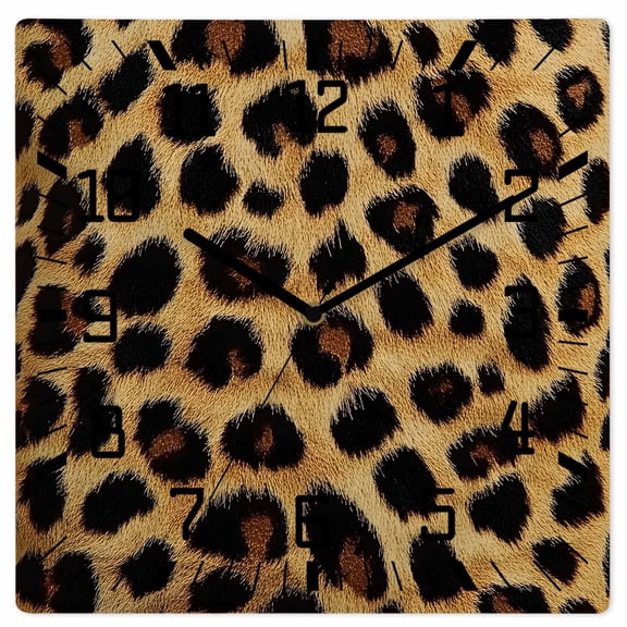 Leopard Print Wooden Wall Clock Silent Non Ticking, Brown Yellow Retro Animal Fur Pattern Square Wall Clocks Battery Operated, Decor Clock for Home Office, Living Room, Kitchen, 12 Inch