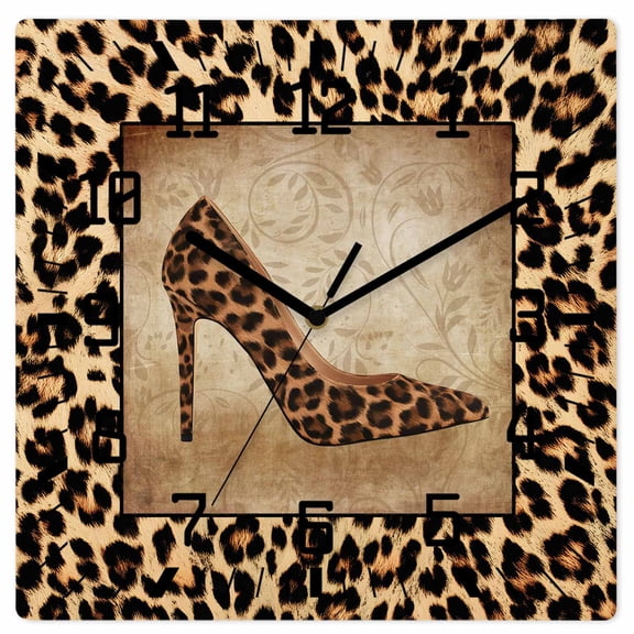 Leopard Print Wooden Wall Clock Silent Non Ticking, Vintage Rustic High Heels Animal Texture Square Wall Clocks Battery Operated, Decor Clock for Home Office, Living Room, Kitchen, 12 Inch