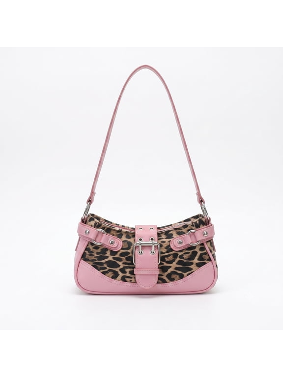 Leopard Print Y2K Shoulder Hobo Bag for Women, Retro PU Leather Spliced Underarm Purse with Metal Buckle, Zipper Closure Casual Handbag