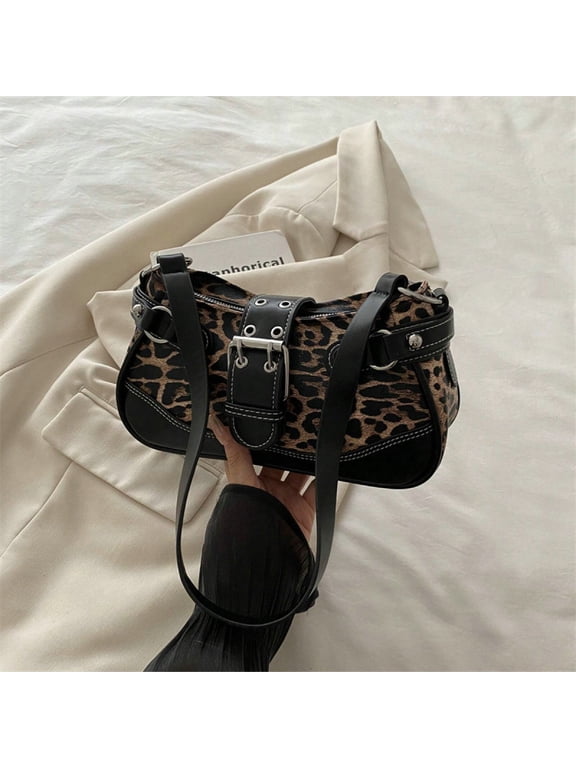 Leopard Print Y2K Shoulder Hobo Bag for Women, Retro PU Leather Spliced Underarm Purse with Metal Buckle, Zipper Closure Casual Handbag