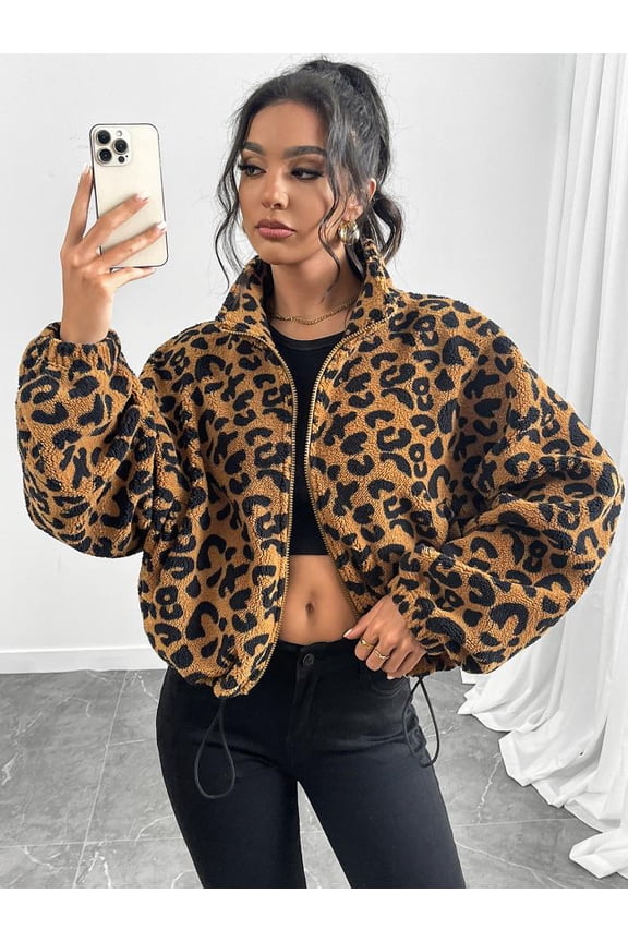 Leopard Print Zip up Casual Jacket (S, MultiBrown)