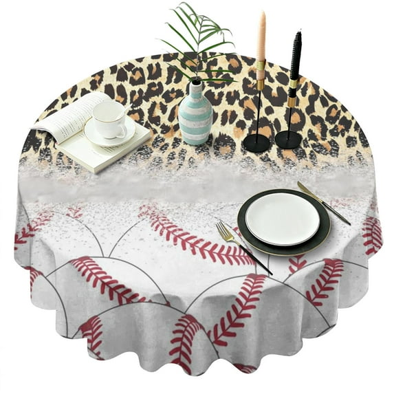 Leopard Print and Baseballs Pattern Round Tablecloth 60"x60",Wrinkle Wipeable Table Cloth for Kitchen Dining Room Picnic Patio Party