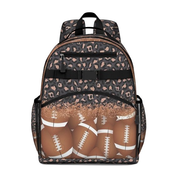 Leopard Print and Footballs Pattern Backpack for School,Cute School Bag,Schoolbag with Adjustable Shoulder Straps & Padded Back,15.25"x11.5"x5.25"