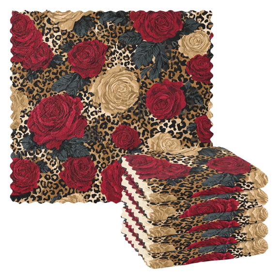 Leopard Print and Roses Kitchen Cloth Dish Towels for Drying Washing Absorbent Dish Rags Reusable soft kitchen dishcloth set 6 Pack