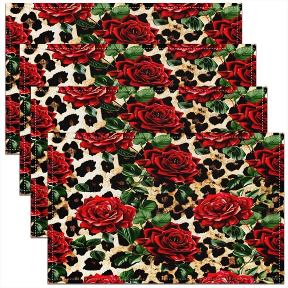 Leopard Print jejeloiu Placemats 18"x12" Set of 4 Soft Cheetah Rose Flower Washable Fabric Decoration Table Mats Placemat Safari Floral Blossom Red Table Mats Dinner Indoor for Sofa Couch