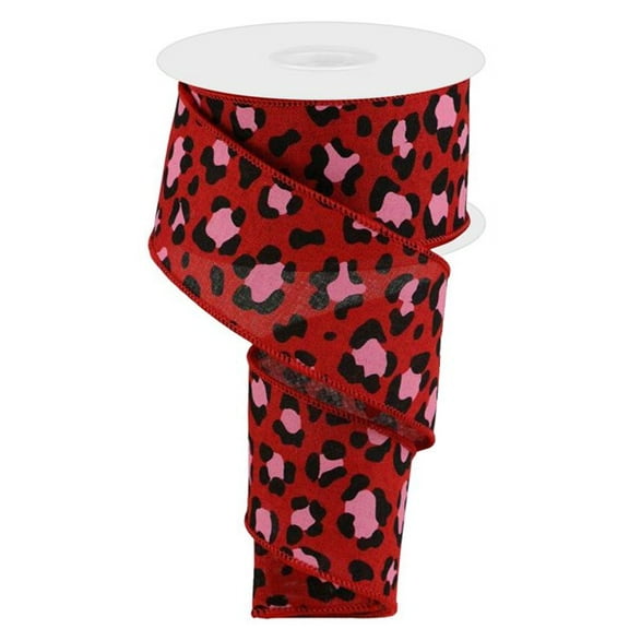 Leopard Print on Canvas Wired Edge Ribbon (Red, Black, Pink, 2.5 Inch)
