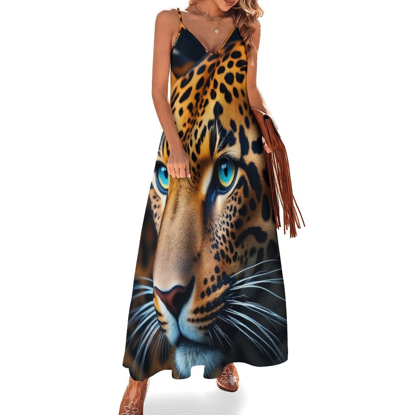Leopard Print with Blue Eyes Fine Art Sleeveless Dress Summer Dress