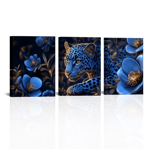 Leopard Print with Blue Flowers Canvas Wall Art Suit 3 Piece, High Quality Prints, Suitable for Living Room and Bedroom Decoration, Perfect Gift Idea