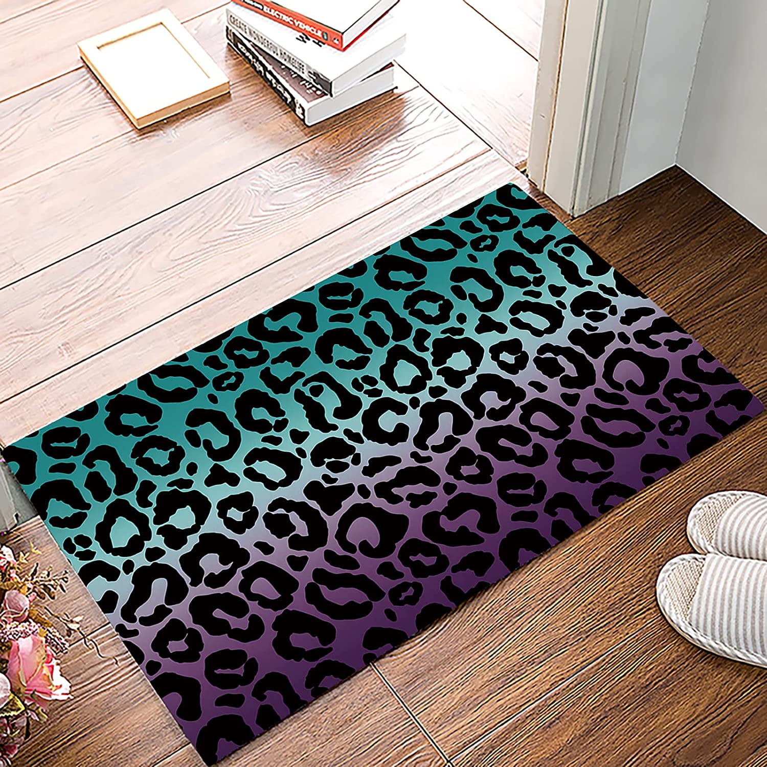 Leopard Print with Colorful Ombre Gradient Indoor Doormat NonSlip