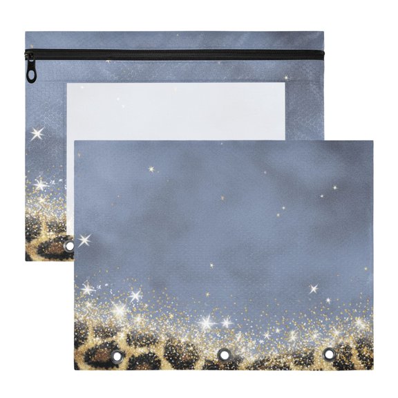 Leopard Print with Glitter 3-Ring Binder Pocket with Zipper Pencil Pouches A4 Size File Storage 2 Packs