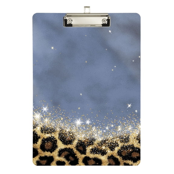 Leopard Print with Glitter Acrylic Clipboard Drawing Board with Hook Writing Pad File Storage A4 Size Silver 12.5" x 9"