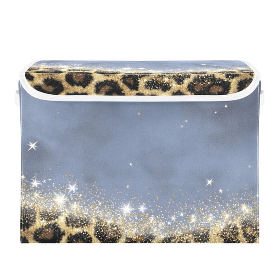 Leopard Print with Glitter Foldable Storage Bins with Lids Handles Collapsible Storage Containers Tote Boxes 16.5 x 12.6 x 11.8 inches