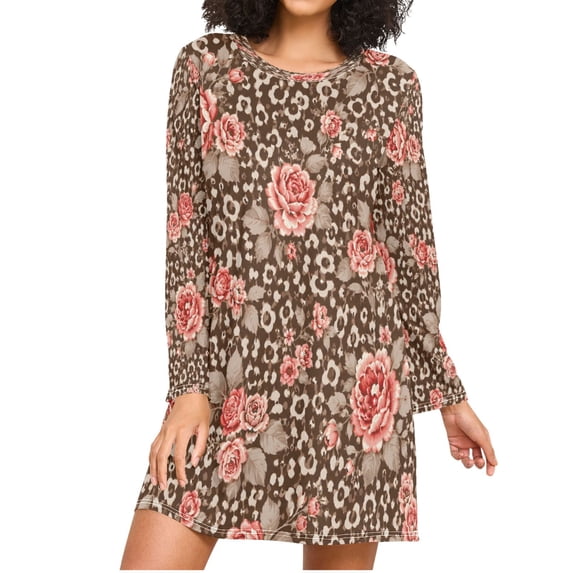 Resource Protection Leopard Print with Roses Women's Long Sleeves Nightgowns Sleepwear Soft ...