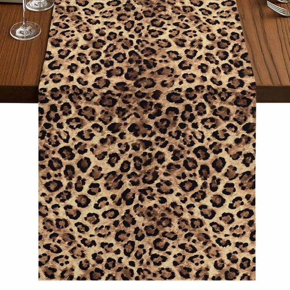 Leopard Printed Burlap Cotton Table Runner 13x90 Inches Long, Modern Animals Textured Brown Farmhouse Table Runners, Outdoor Dining Tablecloths Decor for Baby Shower/Party/Wedding