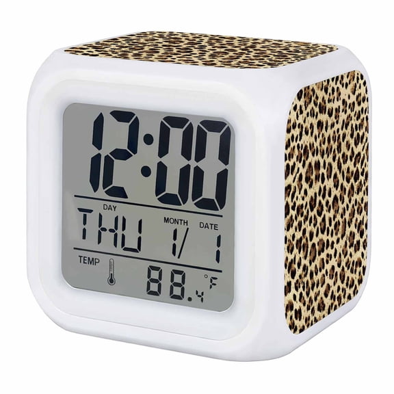 Leopard Printed Digital Alarm Clock for Bedrooms, Smart LED Alarm Clock with 7 Color Changing Night Light, Modern Animal Fur Patterns Silent Wake Up Clocks for Sleep Study Cooking 3.2"x3.2"